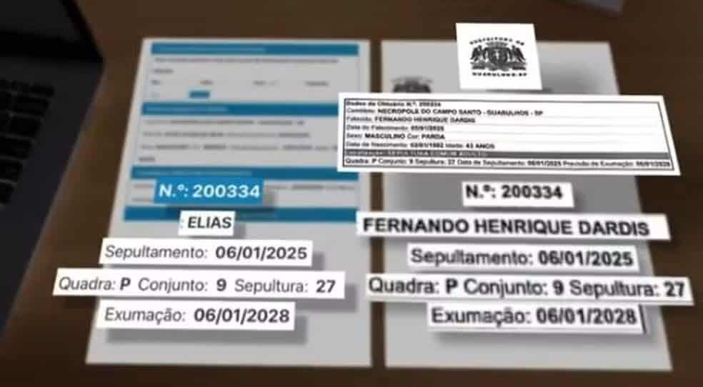print de tela dos documentos do falso médico provando a troca de lugar com o idoso no cemitério.