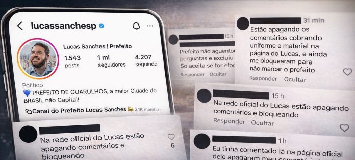 Captura de tela de celular exibindo as redes sociais do prefeito de Guarulhos com a seção de comentários visível, ilustrando a denúncia de exclusão de mensagens.