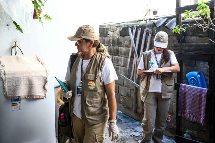 Agente de combate às endemias de Guarulhos, vestindo colete oficial e boné, inspecionando um vaso de planta em uma residência para eliminar possíveis focos do mosquito da dengue.