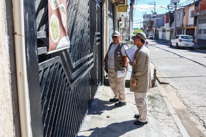 Agentes de saúde da prefeitura realizando ações contra dengue em Guarulhos em quintais de residências.