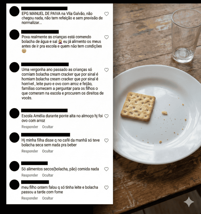 Prato de comida escolar vazio ao lado de um pacote de bolachas, ilustrando a polêmica sobre a merenda escolar em Guarulhos e as queixas dos pais.