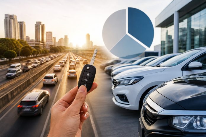 Fachada do Auto Shopping Internacional em Guarulhos com diversos modelos de veículos em exposição e grande fluxo de clientes.