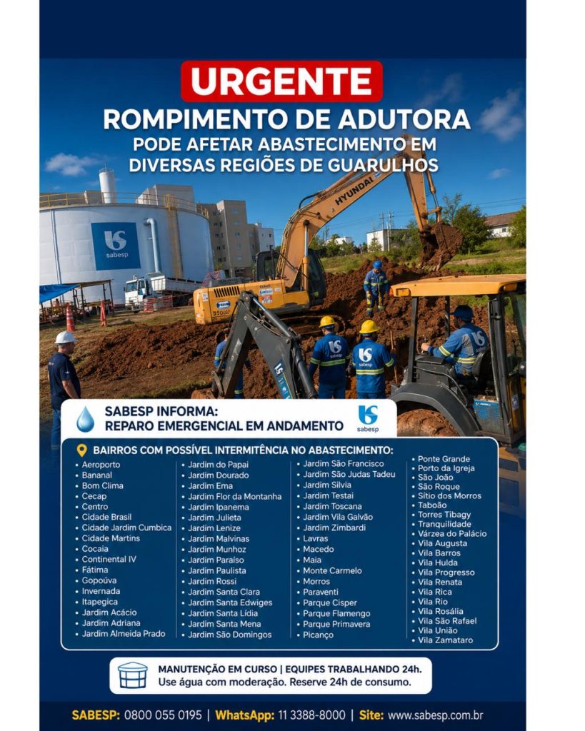 Equipe técnica da Sabesp realiza manutenção em tubulação de rua para conter vazamento e normalizar o abastecimento.